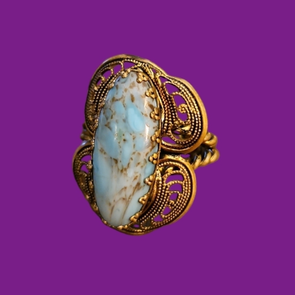 Antique West Germany Oval Gemstone Filigree Adjustable Castlecore Ring